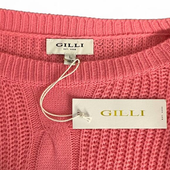 Gilli NWT Women's Ruffle Cable Knit Pullover Sweater Size L Pink Slouchy Ribbed - Picture 9 of 10
